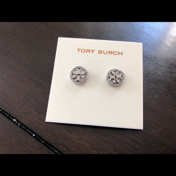 New Tory Burch Logo Circle Crystal Stud Earrings - Picture 2 of 5